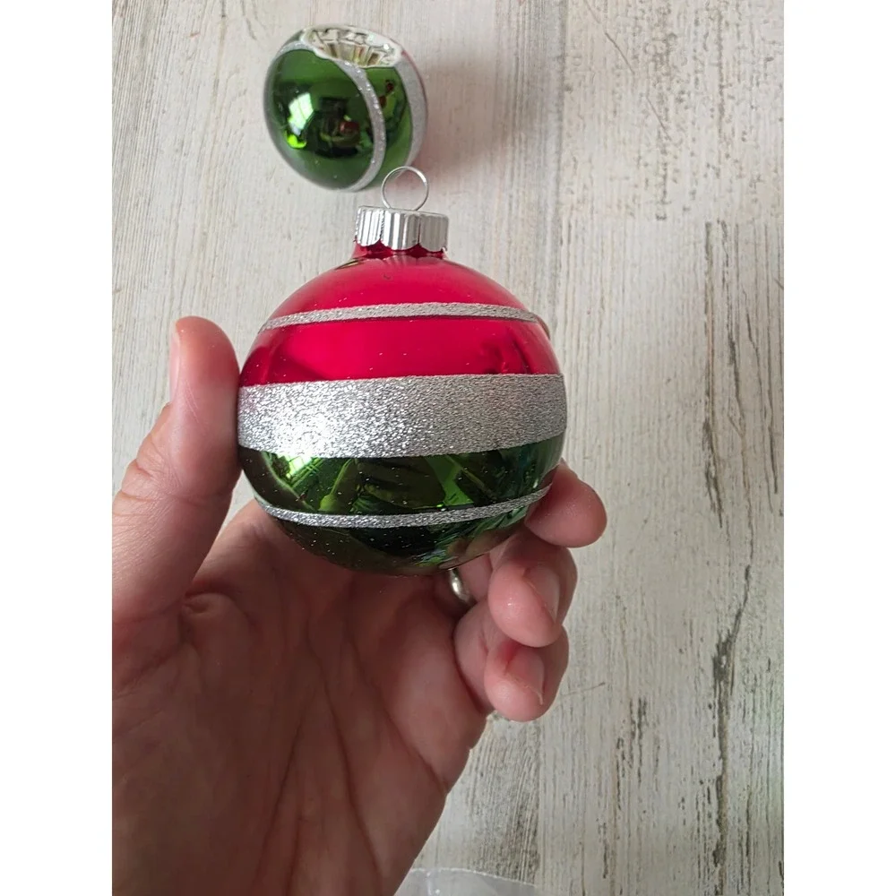 Radko indent glitter Red Green set ornament Xmas tree